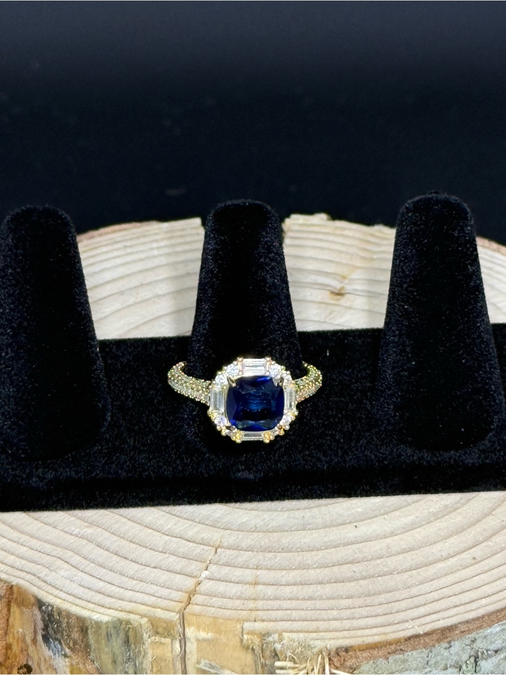 Bomb Party Gold Ring with Deep Blue Center Stone and Pave Accents